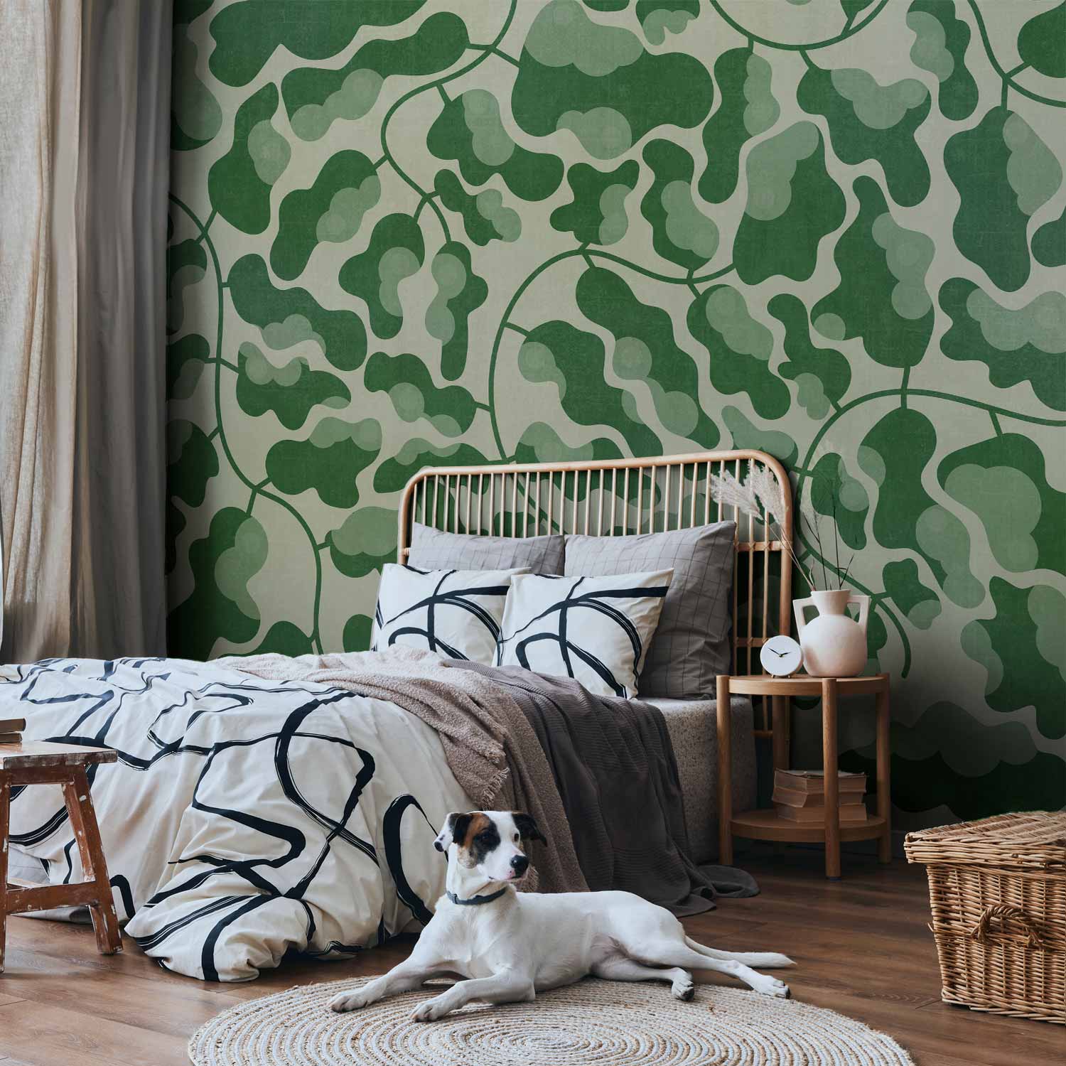 Green Labyrinth Line Art Leaves Wall Mural