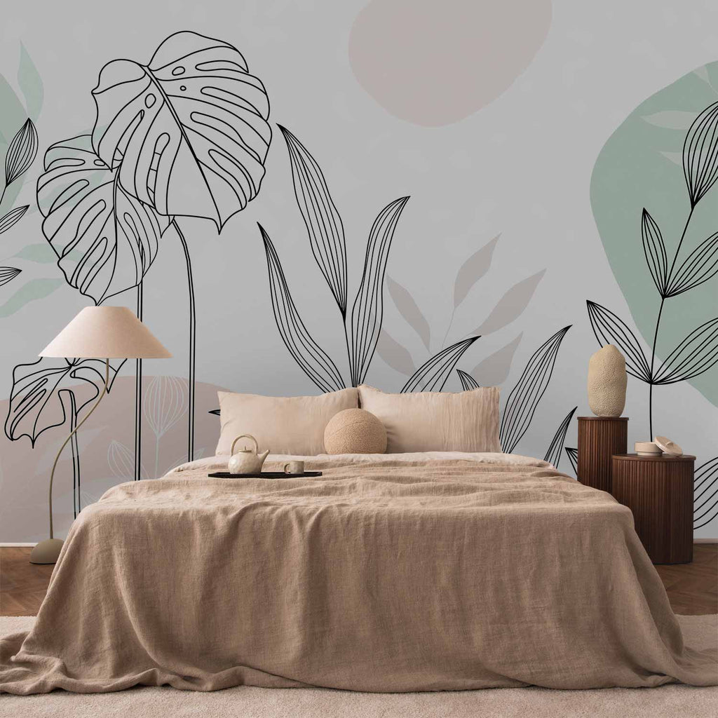 Pastel Monstera Leaves Line Art Wall Mural