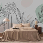 Pastel Monstera Leaves Line Art Wall Mural