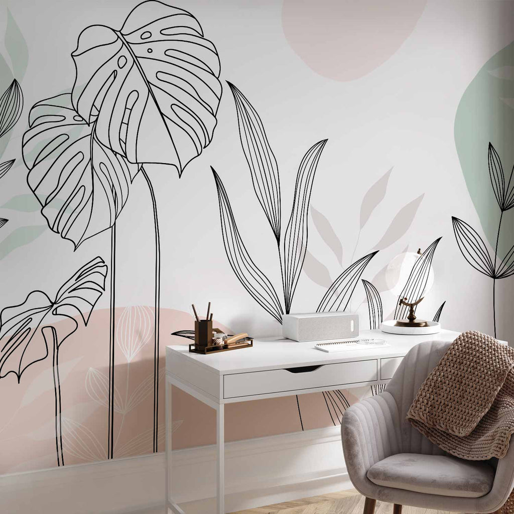 Pastel Monstera Leaves Line Art Wall Mural
