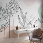 Pastel Monstera Leaves Line Art Wall Mural