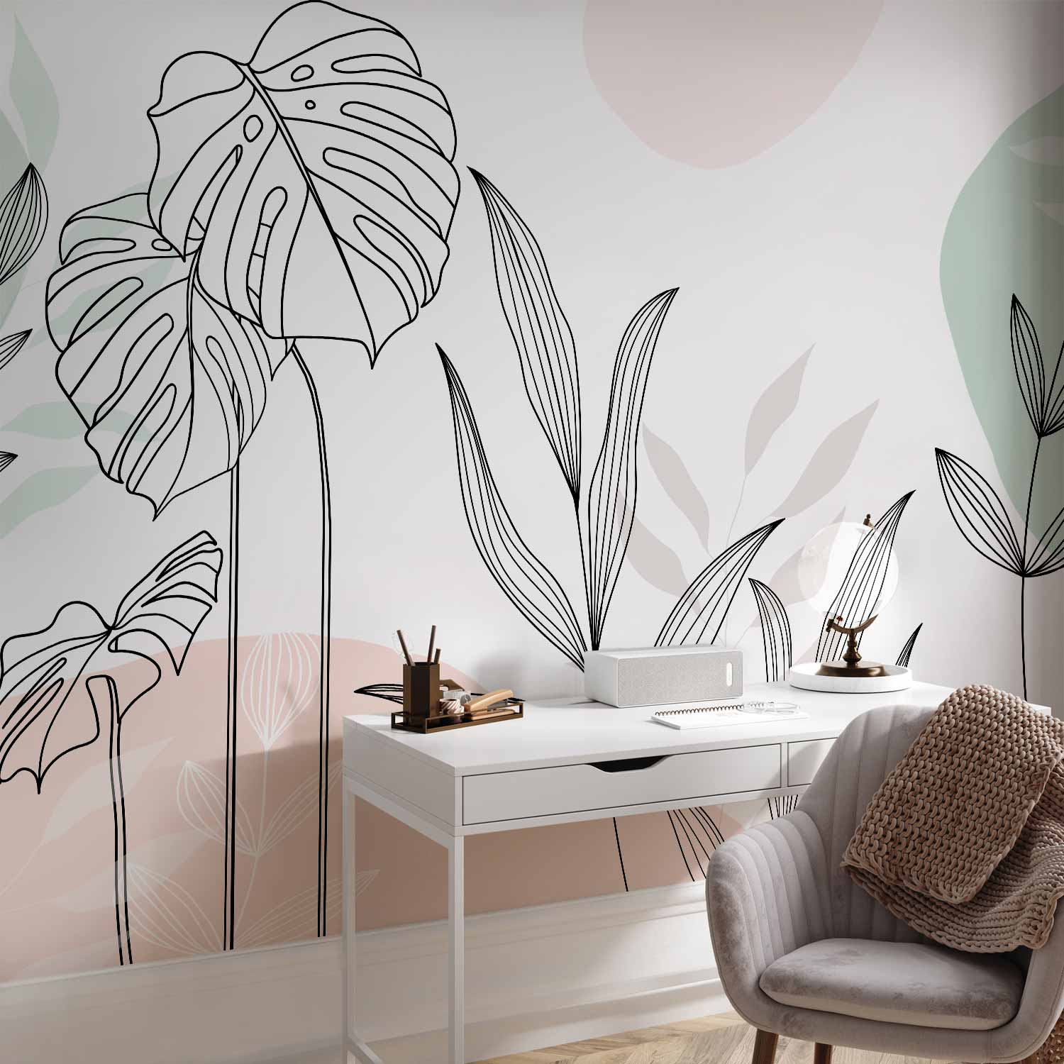 Pastel Monstera Leaves Line Art Wall Mural