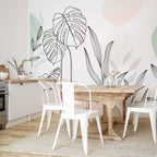 Pastel Monstera Leaves Line Art Wall Mural