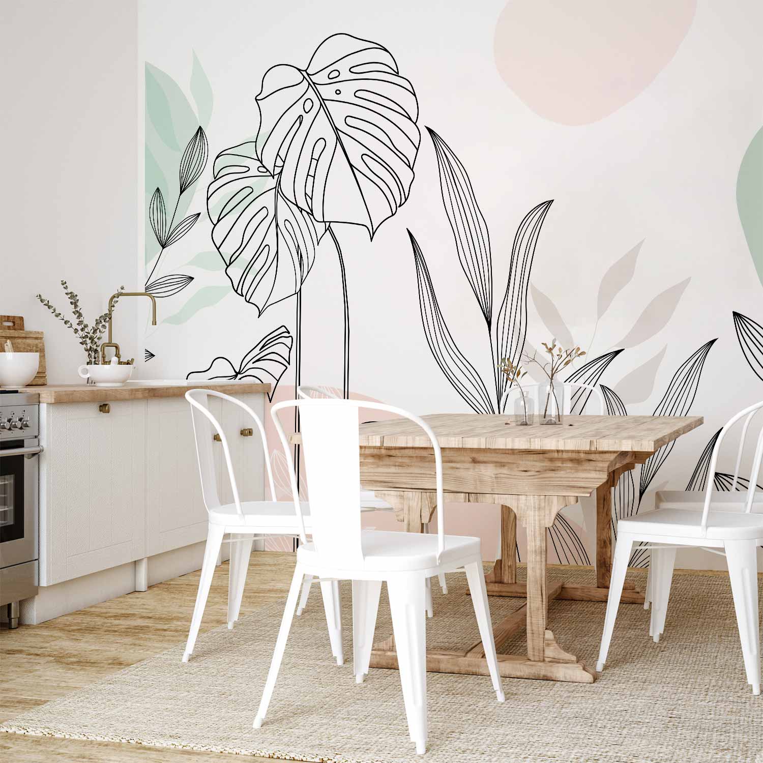 Pastel Monstera Leaves Line Art Wall Mural