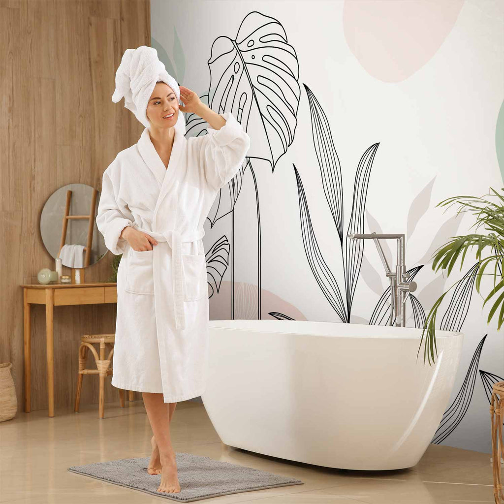 Pastel Monstera Leaves Line Art Wall Mural