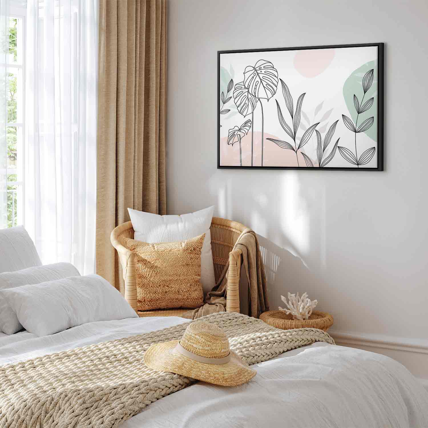 Pastel Monstera Leaf Line Art Canvas Print