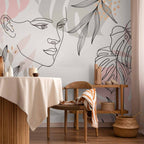 Feminine Line Art Leaves Wall Mural