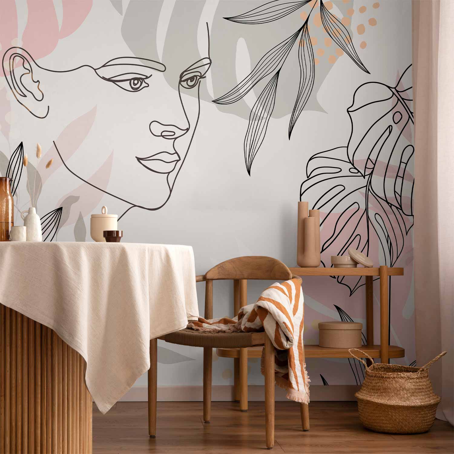 Feminine Line Art Leaves Wall Mural