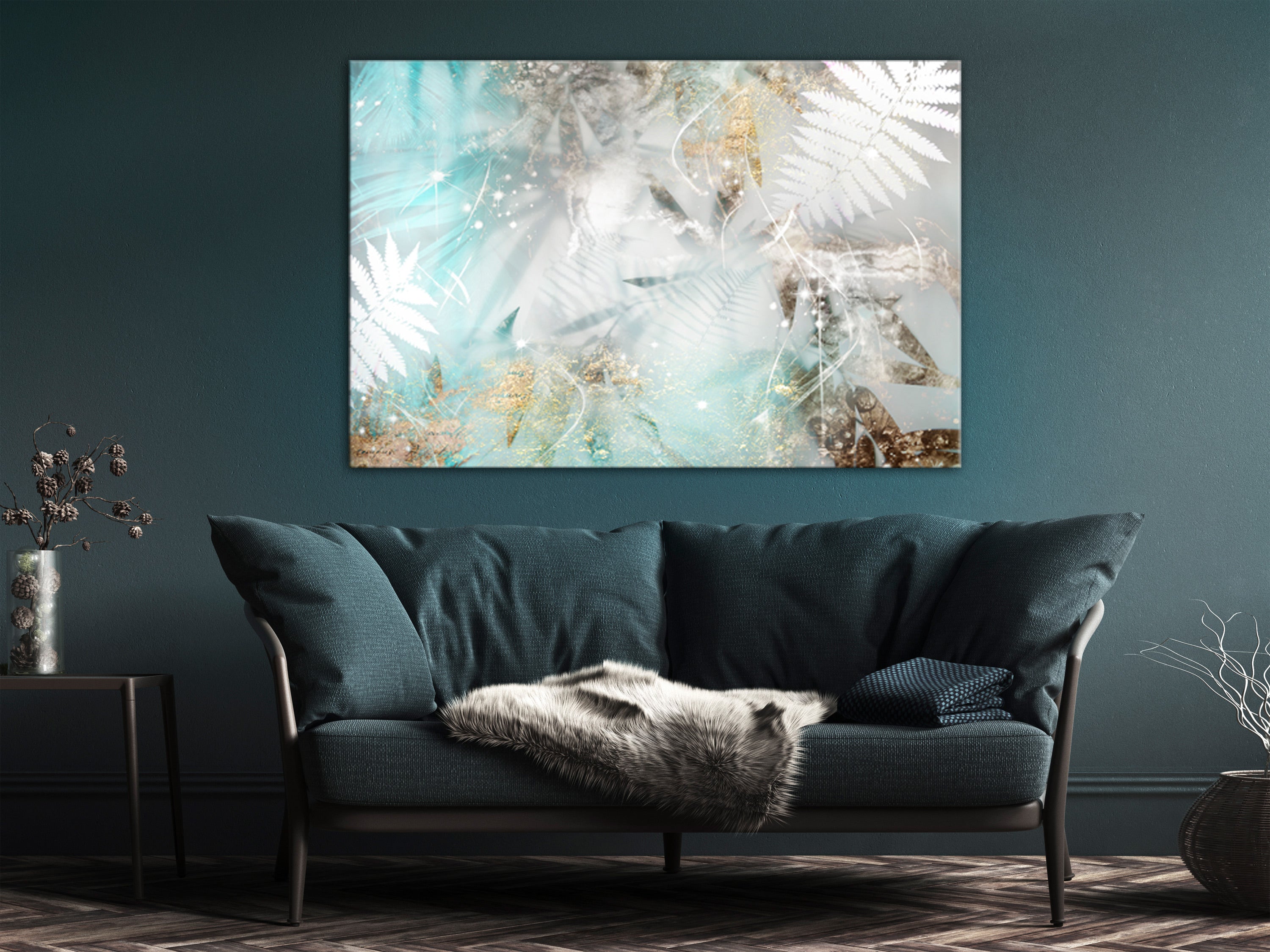 Modern Canvas Print with Leaves and Turquoise Color