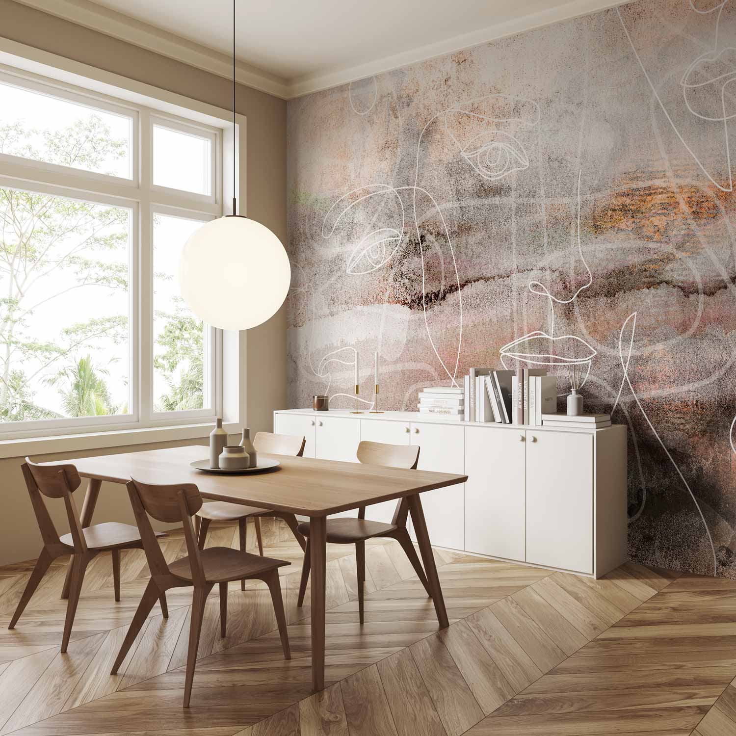 Abstract Line Art Faces Wall Mural