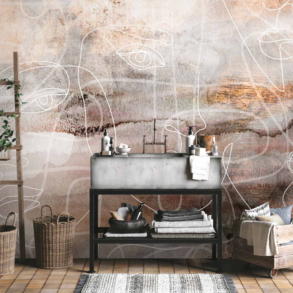 Abstract Line Art Faces Wall Mural