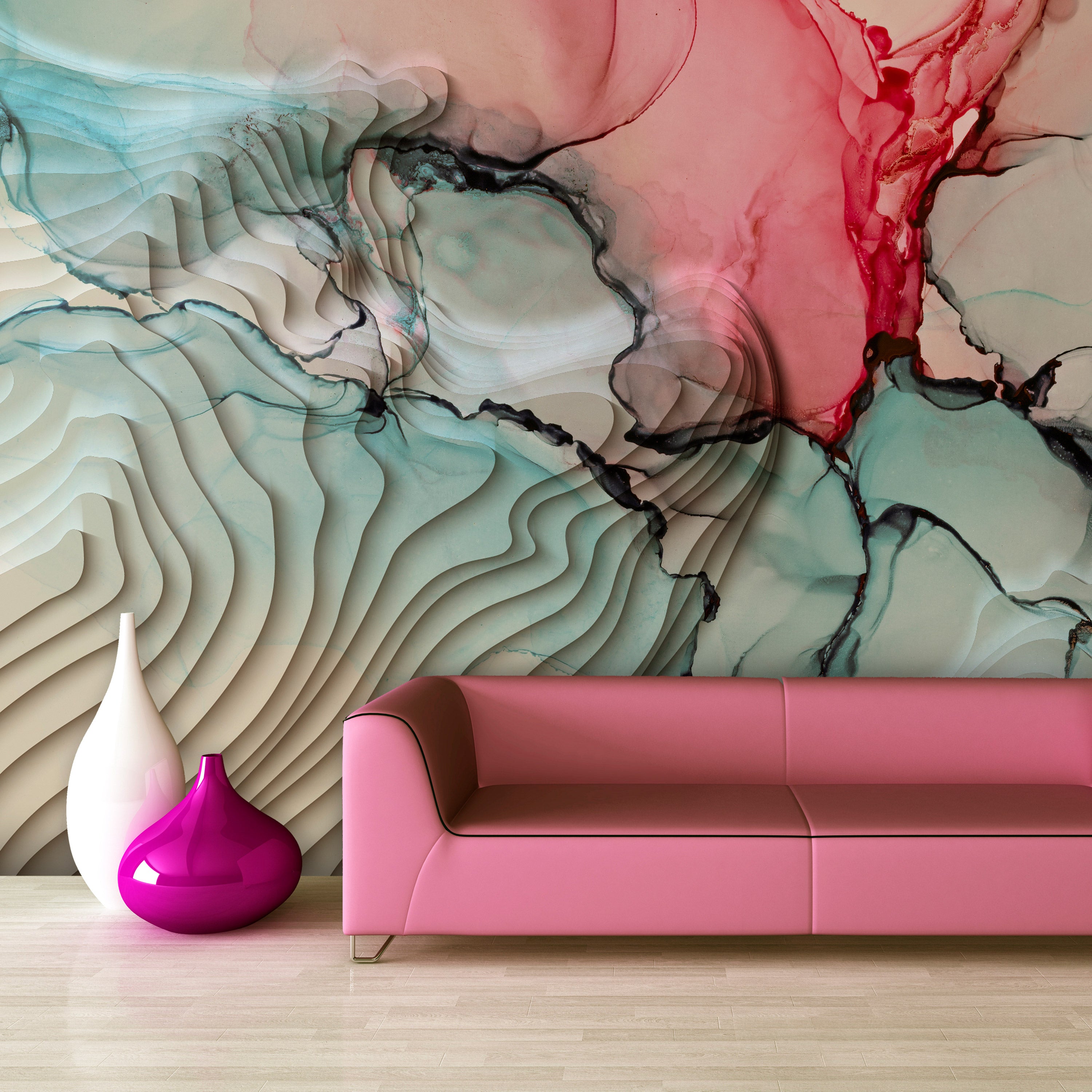 Three-Dimensional Abstract Wall Mural with Vibrant Colors