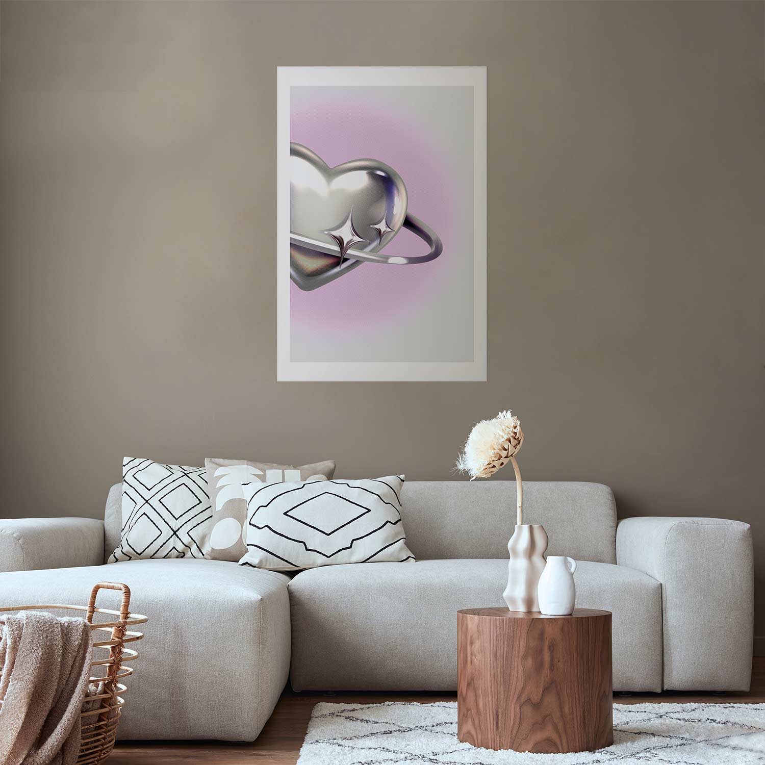 Cosmic Silver Heart Purple Background Poster