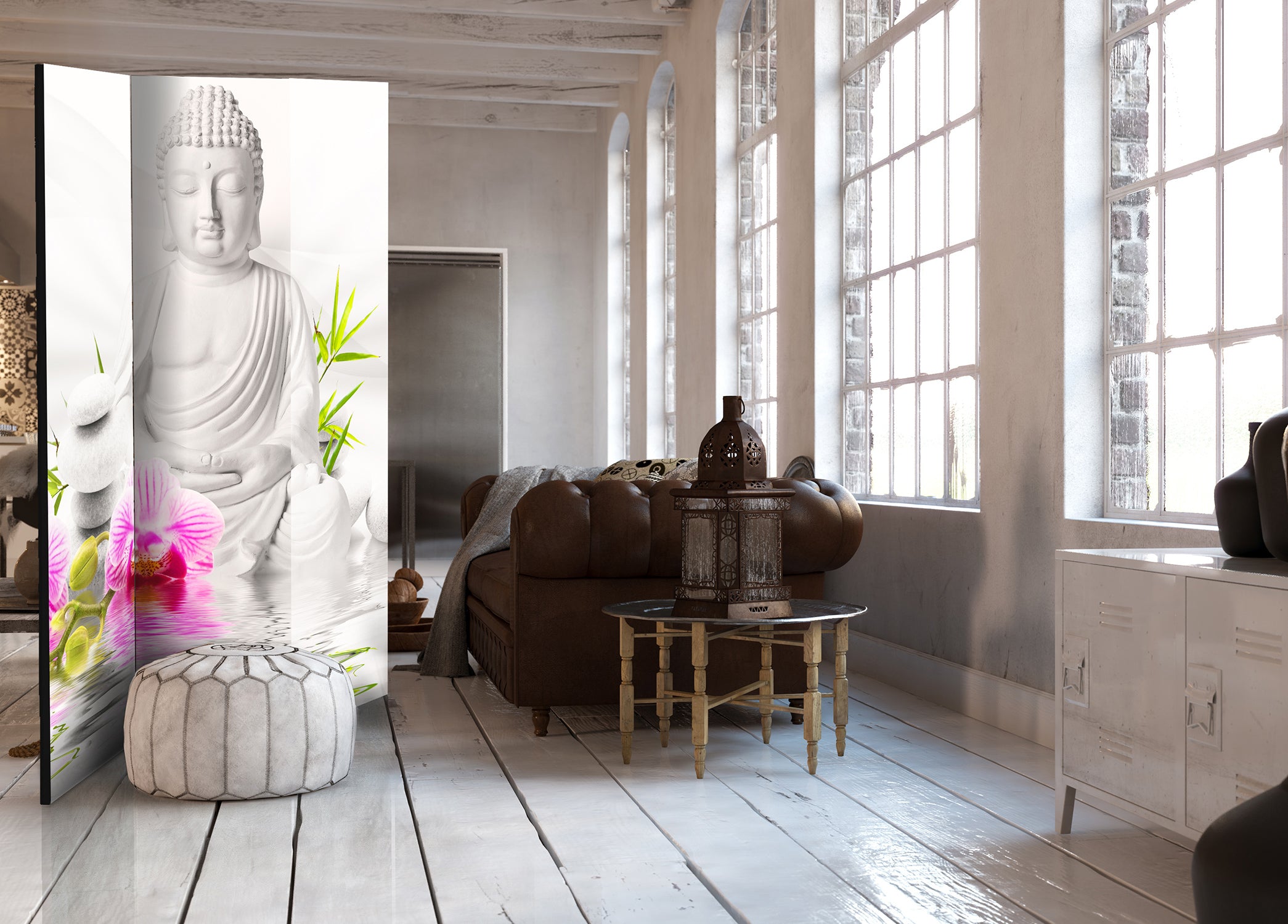 Buddha and Orchids Zen 3-Panel Room Divider
