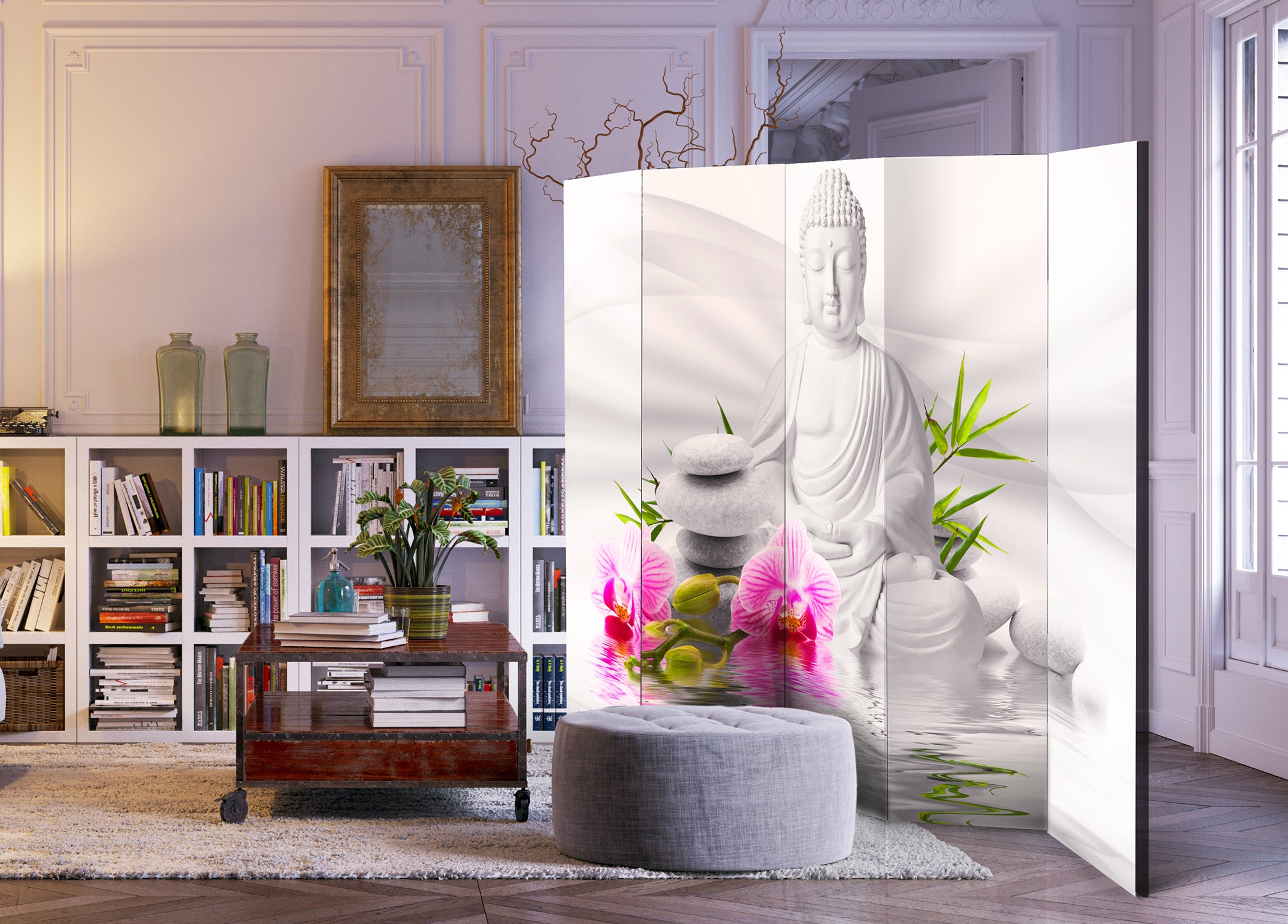 Buddha and Orchid Zen 5-Panel Room Divider