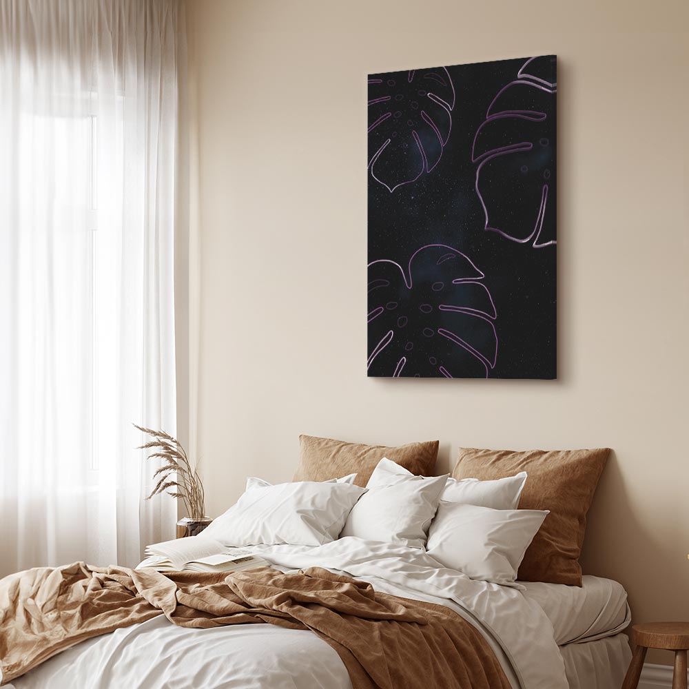 Galactic Monstera Leaves Vertical Canvas Print