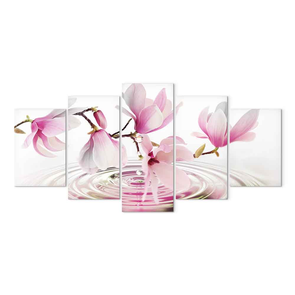 Magnolias Over Water Pink 5-Part Wide Canvas Print