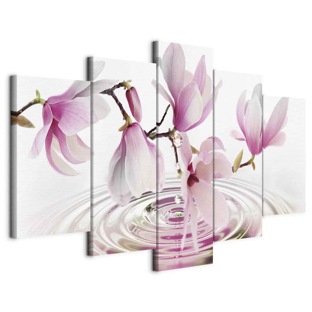 Magnolias Over Water Pink 5-Part Wide Canvas Print