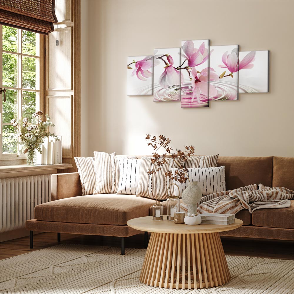 Magnolias Over Water Pink 5-Part Wide Canvas Print