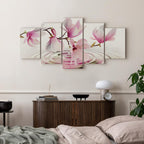Magnolias Over Water Pink 5-Part Wide Canvas Print