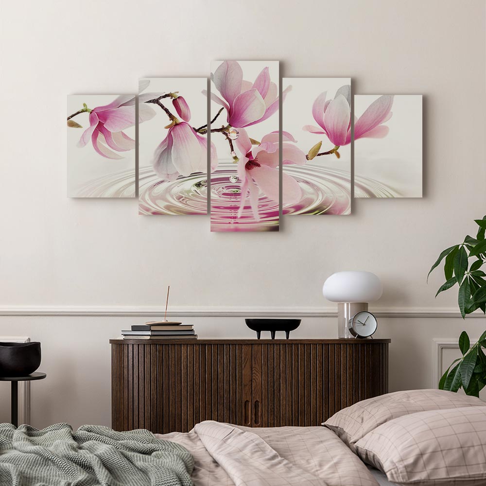Magnolias Over Water Pink 5-Part Wide Canvas Print