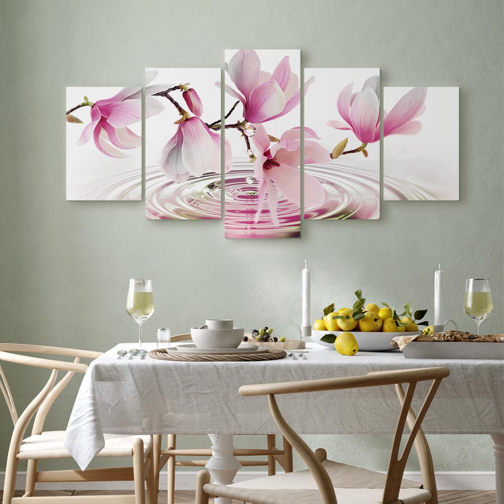 Magnolias Over Water Pink 5-Part Wide Canvas Print