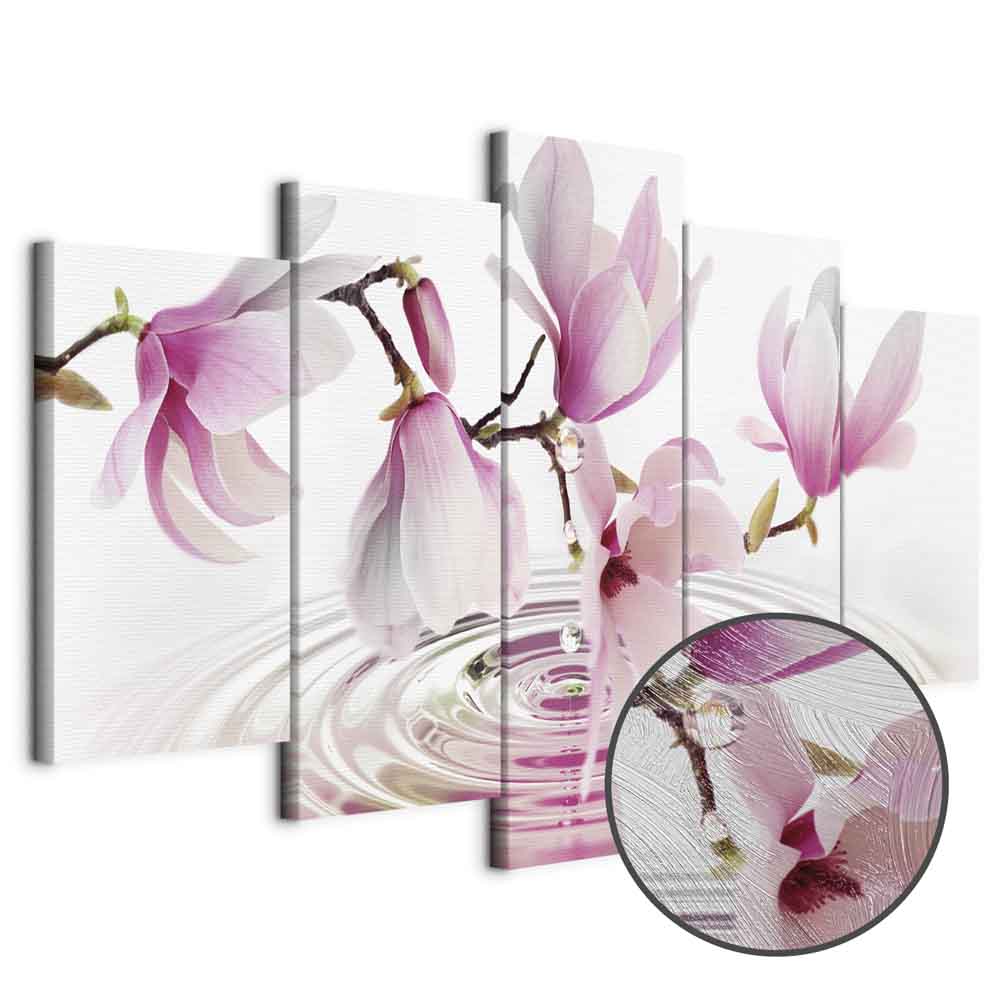 Magnolias Over Water Pink 5-Part Wide Canvas Print