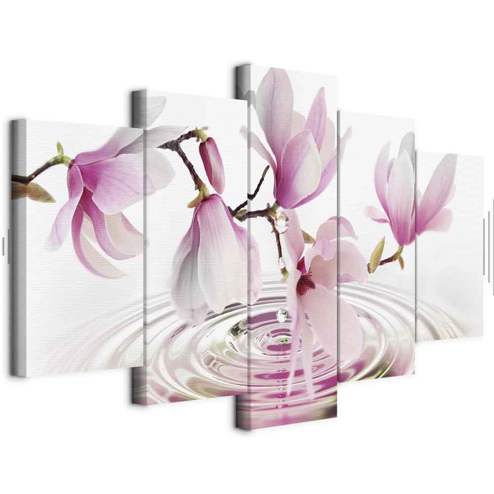 Magnolias Over Water Pink 5-Part Wide Canvas Print