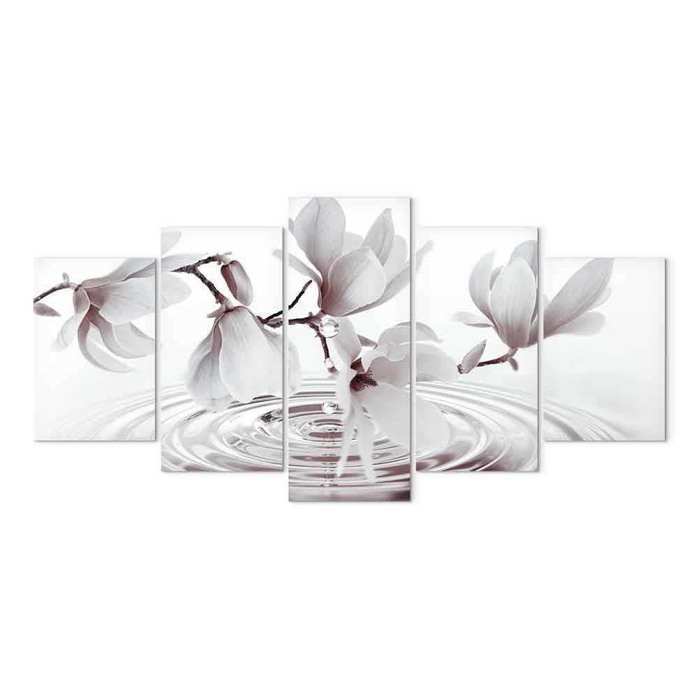 Magnolias Over Water Wide Grey Canvas Print (5 Parts)