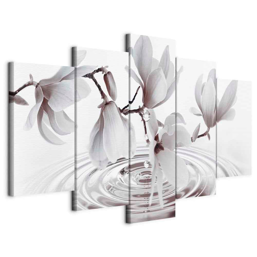 Magnolias Over Water Wide Grey Canvas Print (5 Parts)
