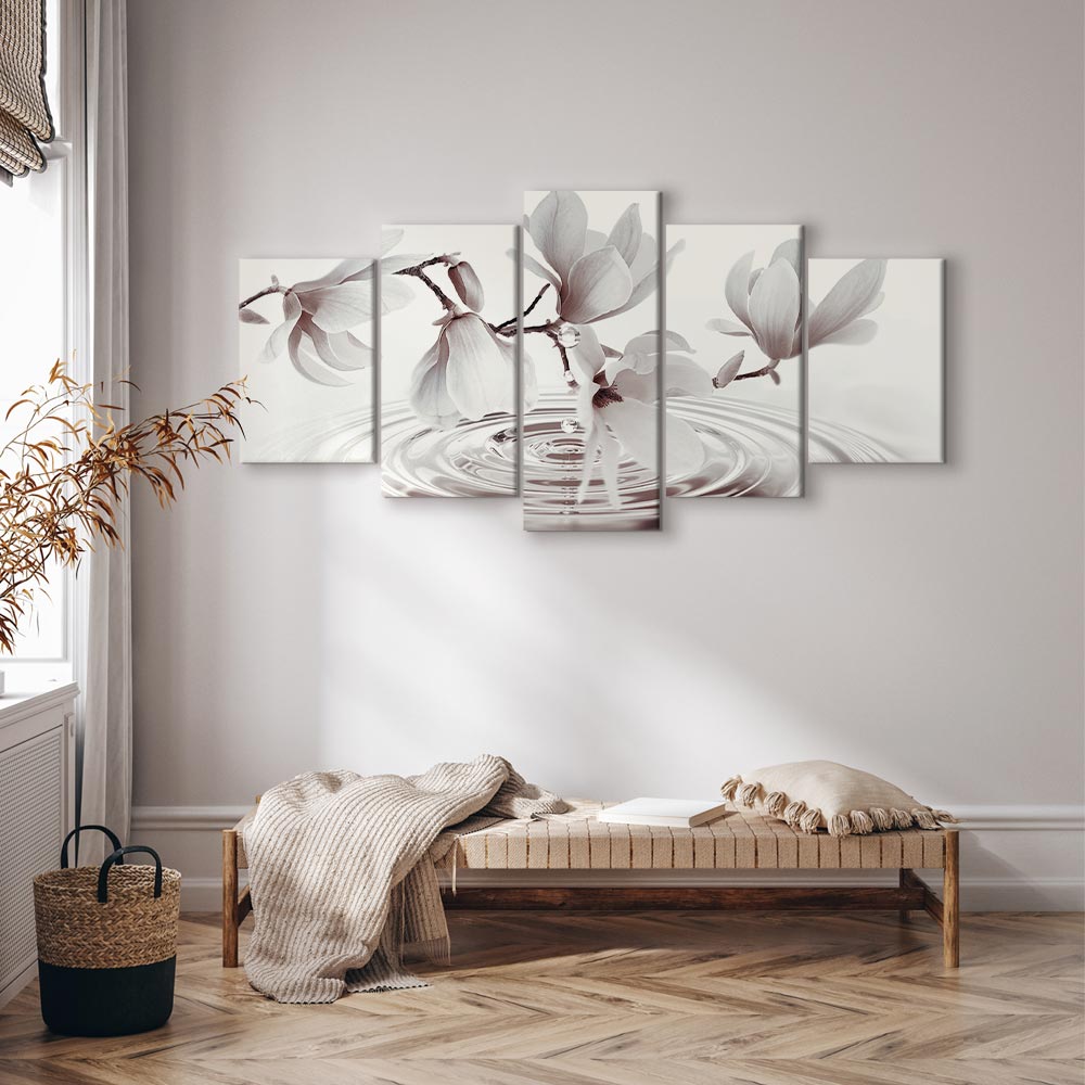 Magnolias Over Water Wide Grey Canvas Print (5 Parts)