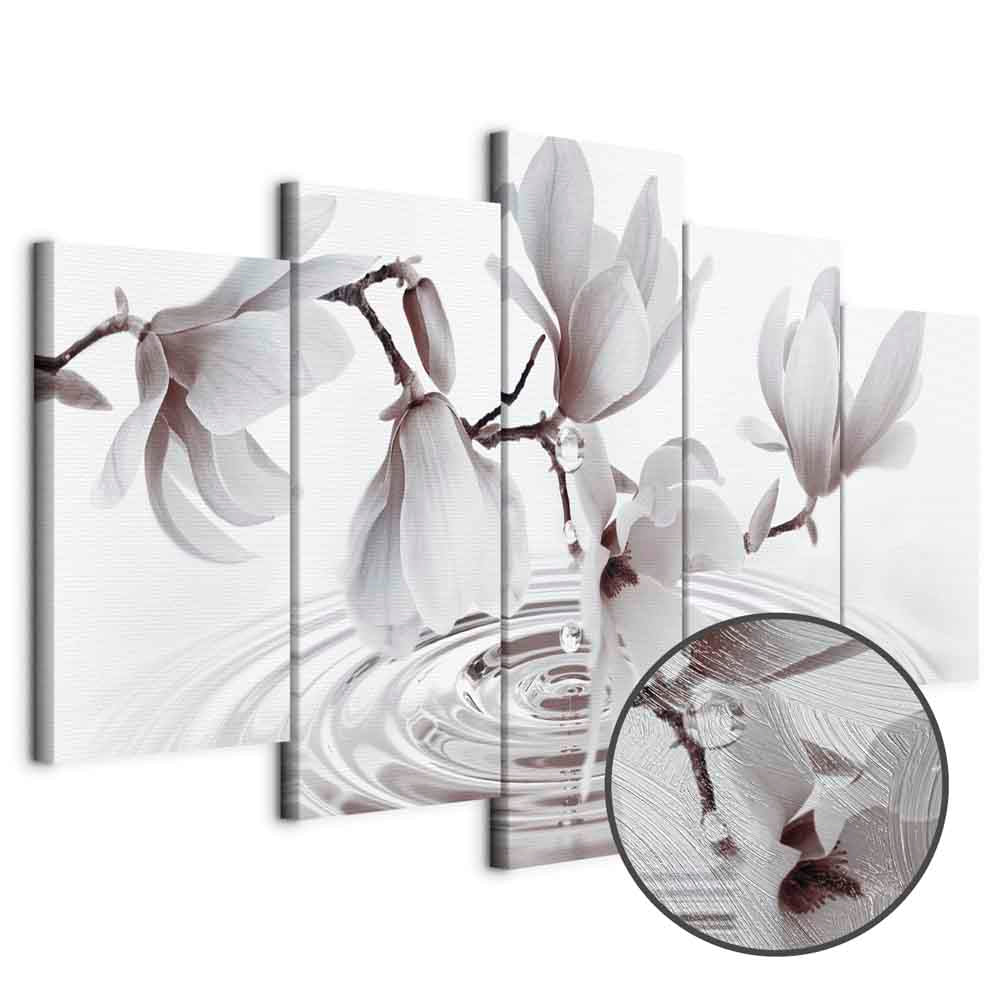 Magnolias Over Water Wide Grey Canvas Print (5 Parts)