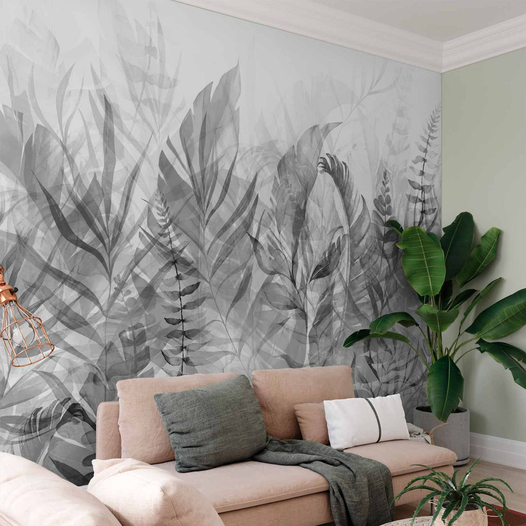 Black and White Forest Leaves Wall Mural
