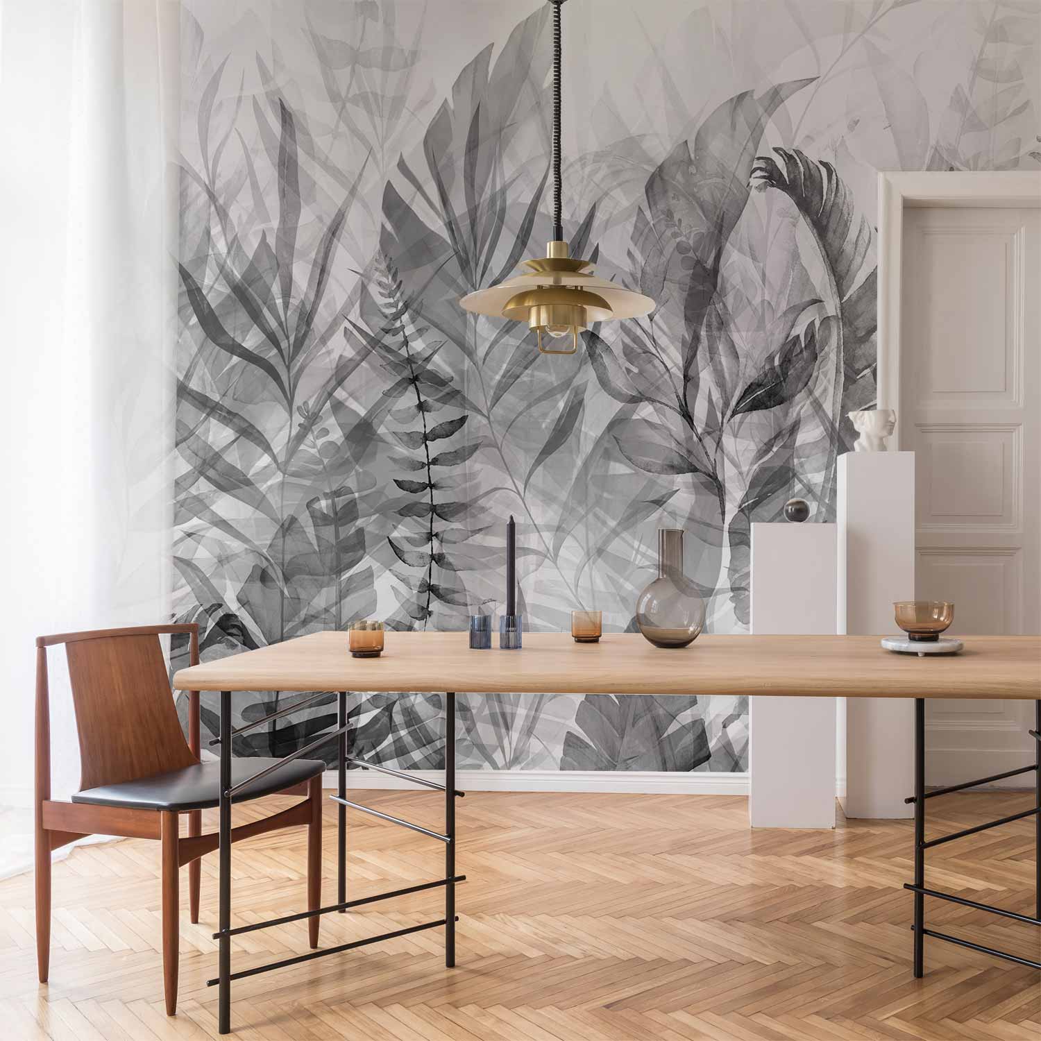 Black and White Forest Leaves Wall Mural