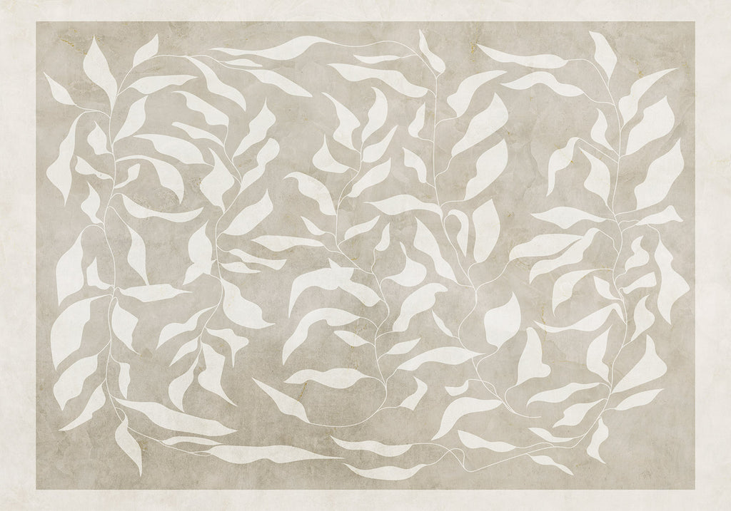 Wall Mural - White Leaves Abstract Plant Motif on Beige Background