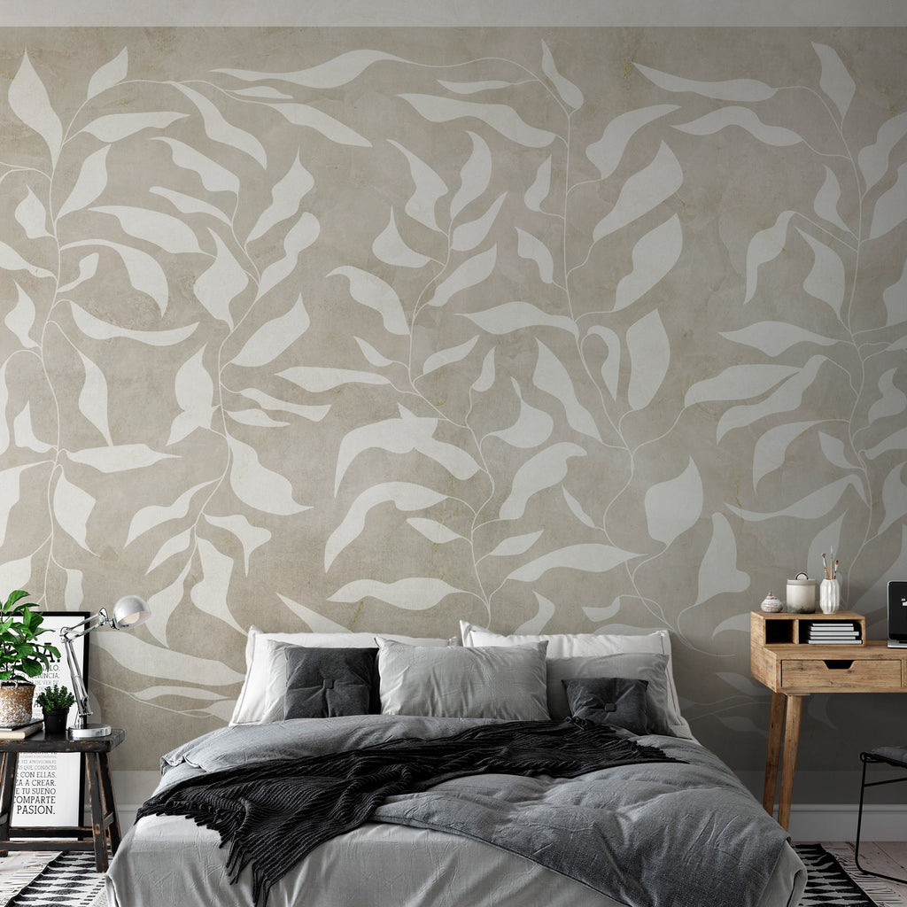 Wall Mural - White Leaves Abstract Plant Motif on Beige Background
