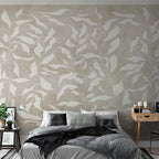 Wall Mural - White Leaves Abstract Plant Motif on Beige Background