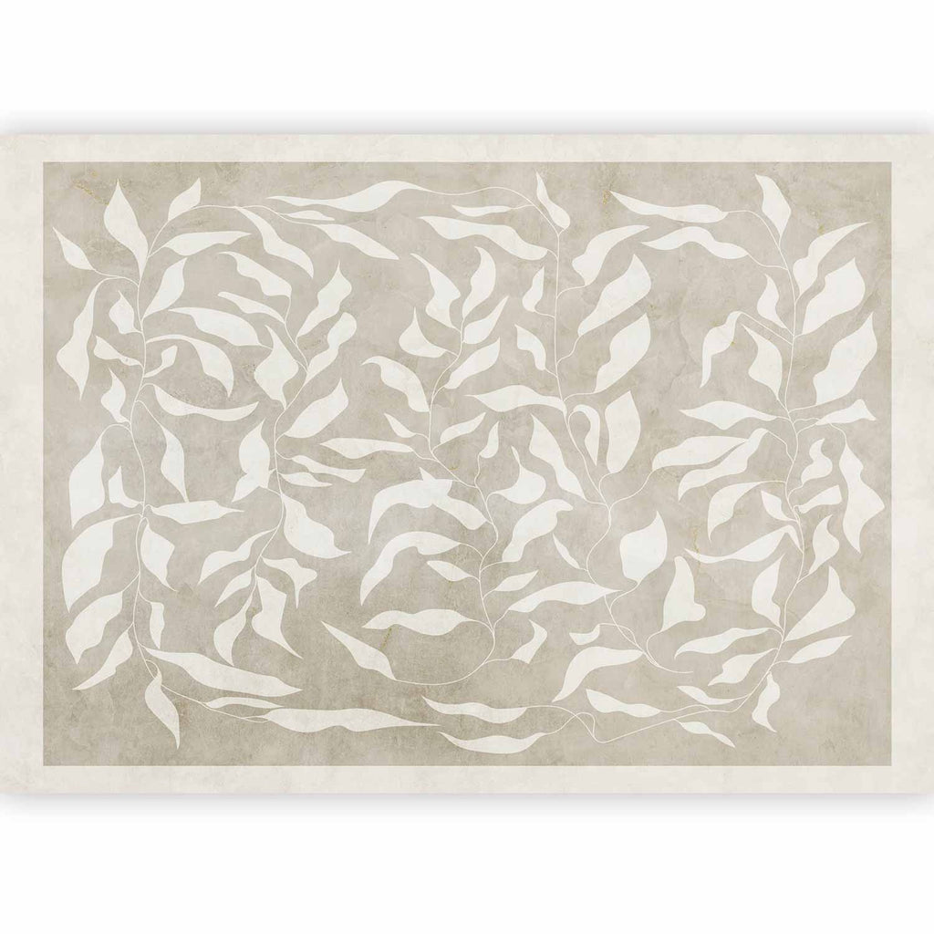 Wall Mural - White Leaves Abstract Plant Motif on Beige Background