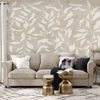 Wall Mural - White Leaves Abstract Plant Motif on Beige Background