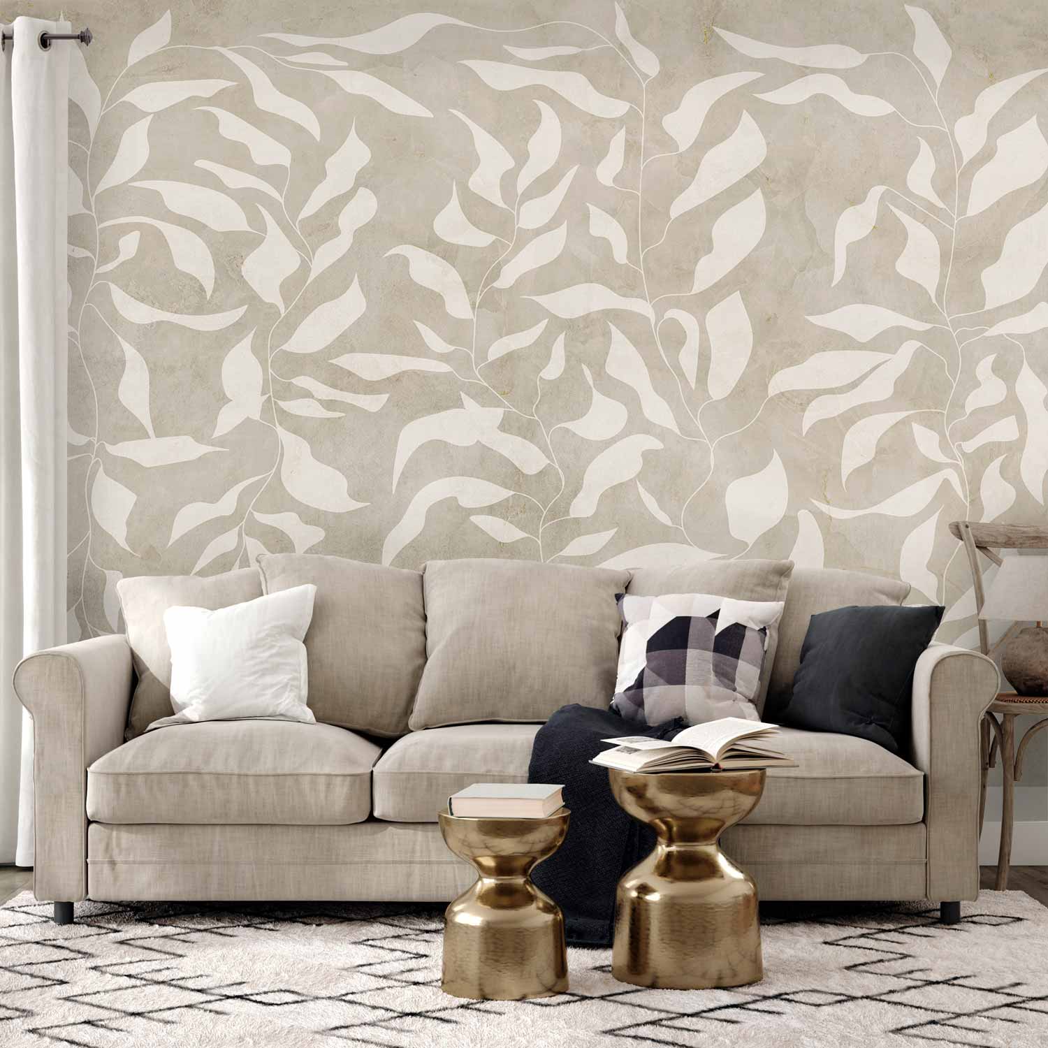 Wall Mural - White Leaves Abstract Plant Motif on Beige Background