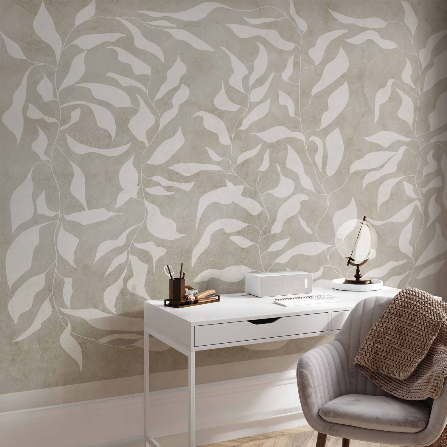 White Leaves Abstract Beige Wall Mural