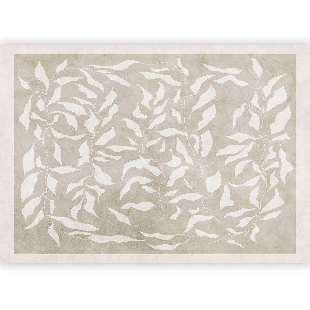 Wall Mural - White Leaves Abstract Plant Motif on Beige Background