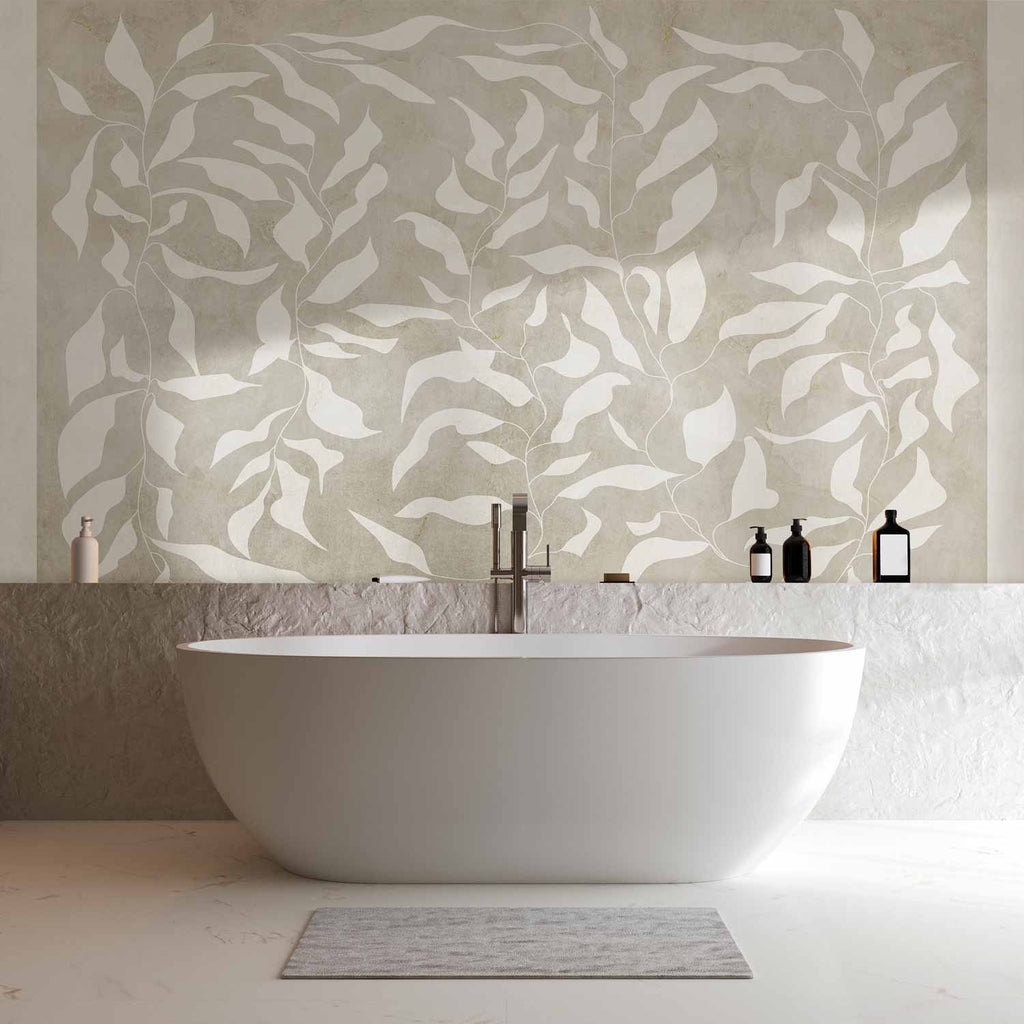 White Leaves Abstract Beige Wall Mural