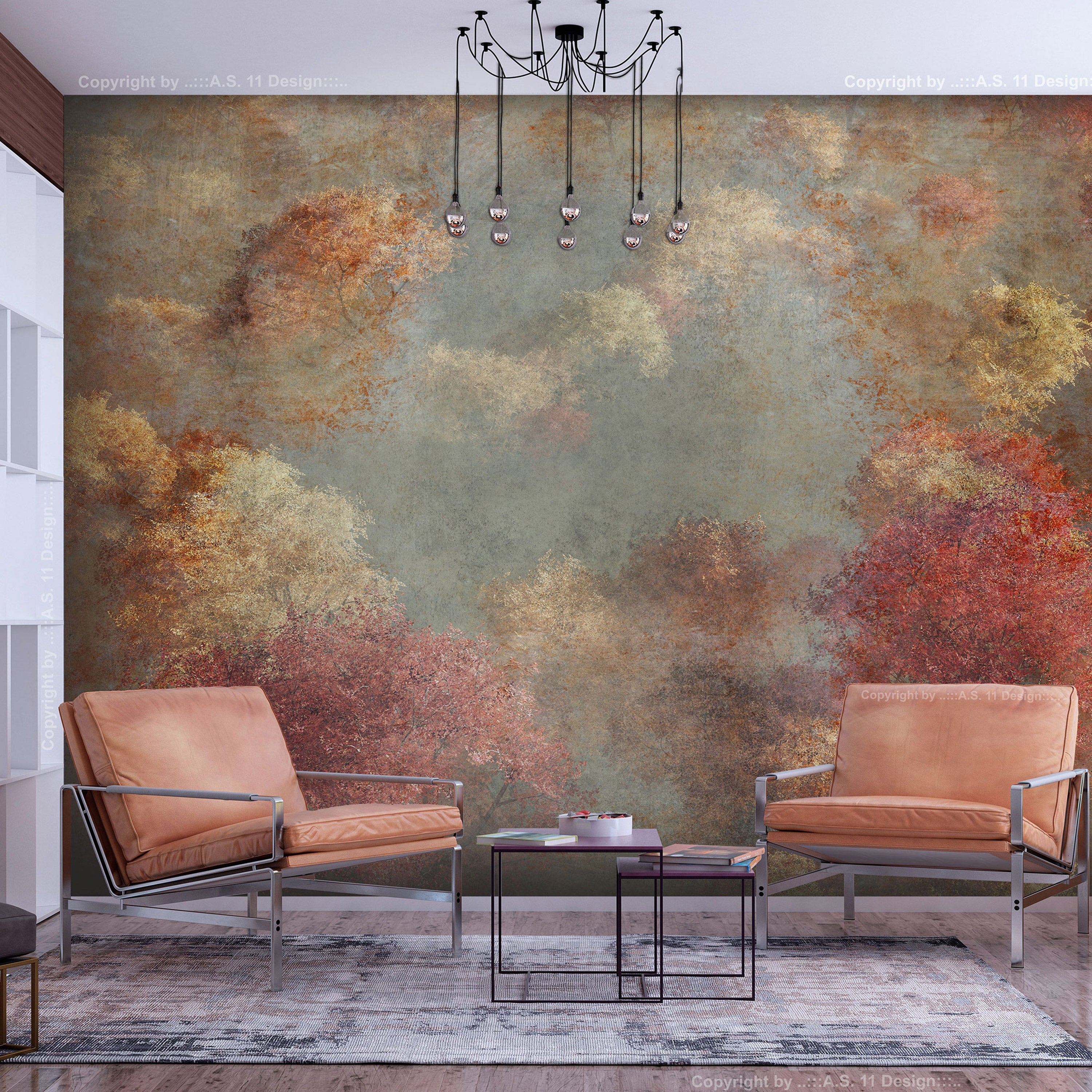 Wall Mural - Nature in autumn - landscape of autumn trees in painted retro style