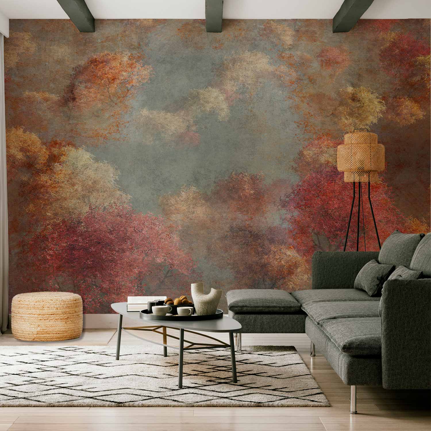 Wall Mural - Nature in autumn - landscape of autumn trees in painted retro style