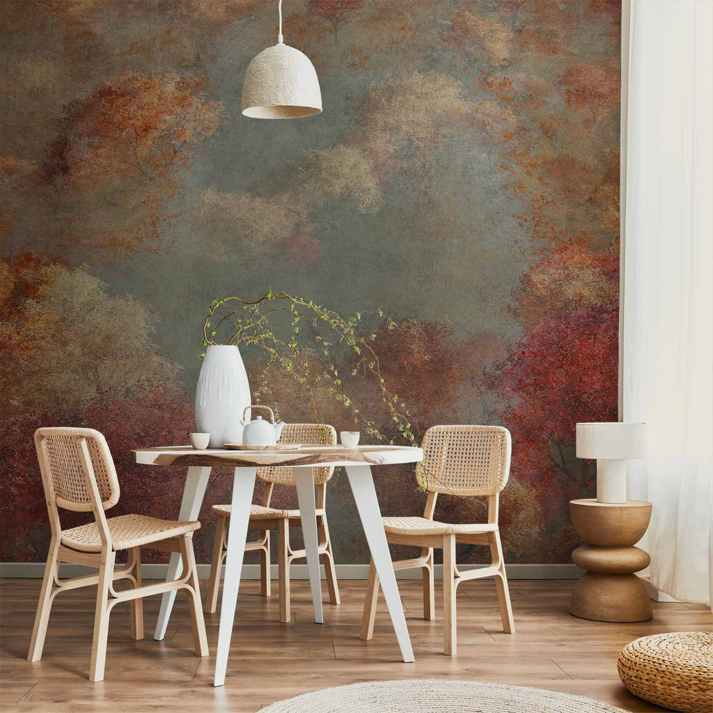 Wandbild – Natur im Herbst – Landschaft mit Herbstbäumen im gemalten Retro-Stil