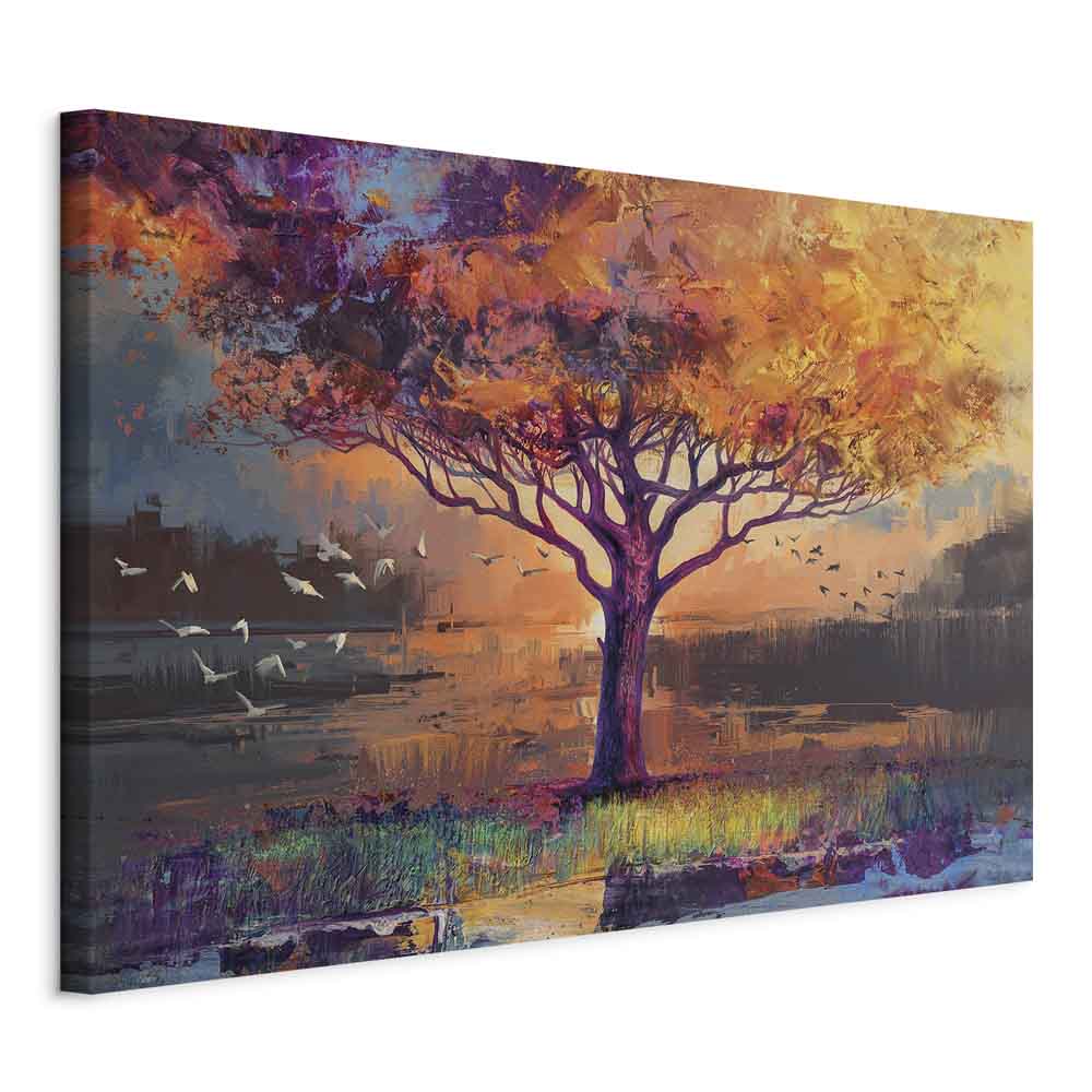 Autumn Birds and Trees Colorful Canvas Print