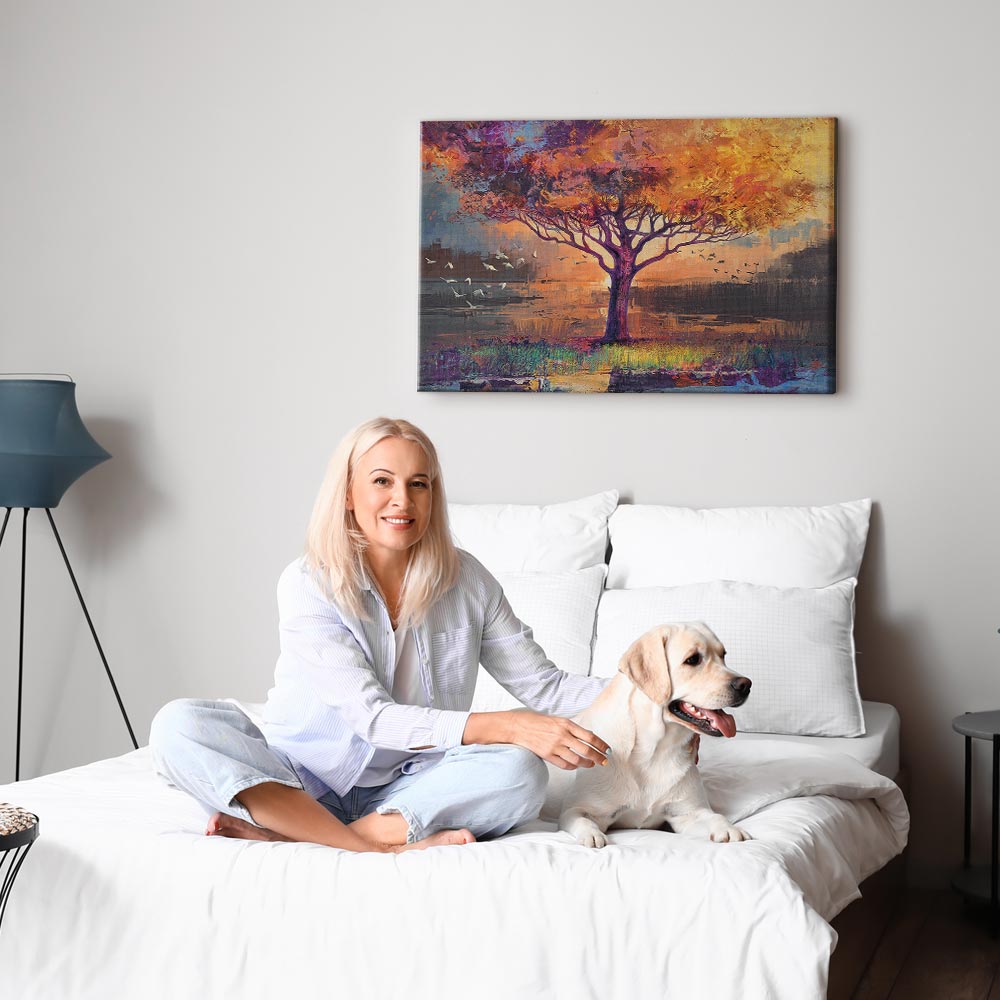 Autumn Birds and Trees Colorful Canvas Print