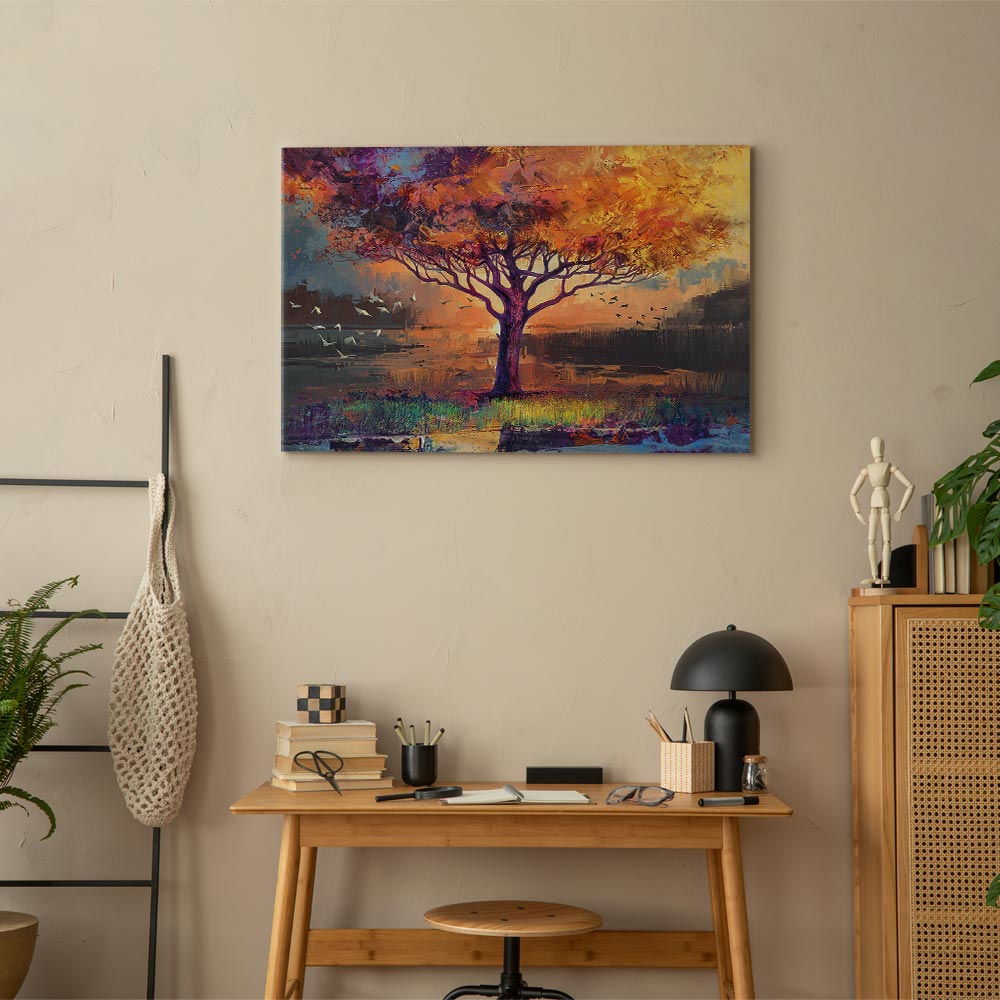 Autumn Birds and Trees Colorful Canvas Print