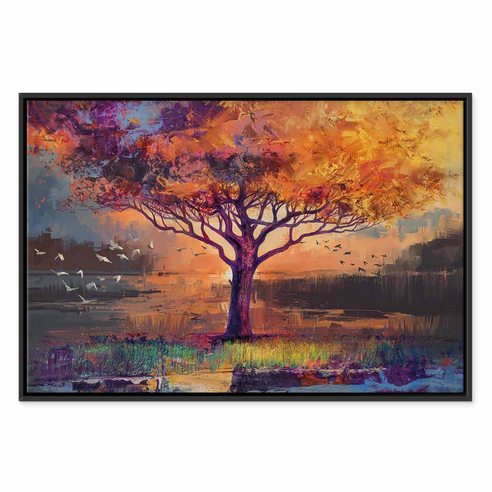 Autumn Birds and Trees Colorful Canvas Print